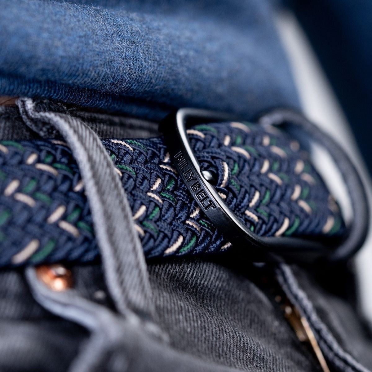 Premium The Knokke Woven Elastic Blue, Green and Mild Yellow Stretch BillyBelt with Black Calfskin Leather